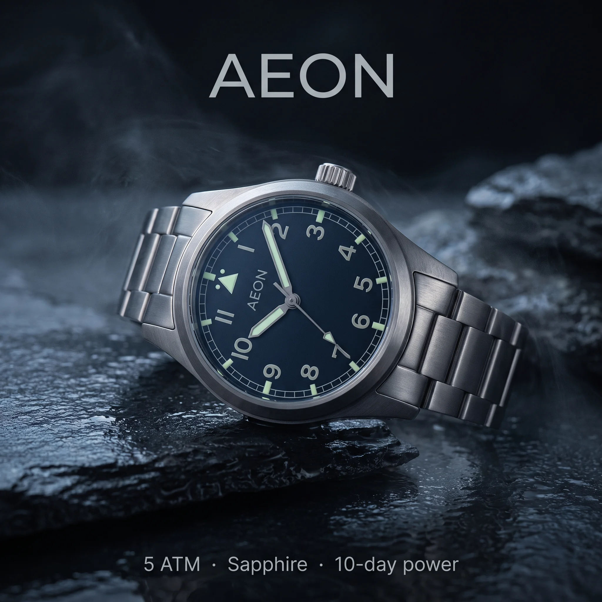 Example ad generated with terrads: macro shot of the AEON field watch on wet slate with the stats “5 ATM · Sapphire · 10-day power”