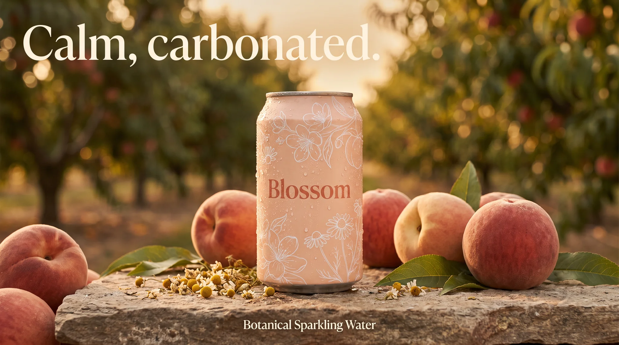 Example ad generated with terrads: Blossom sparkling-water can on a stone slab in a sunlit peach orchard, headline “Calm, carbonated.”