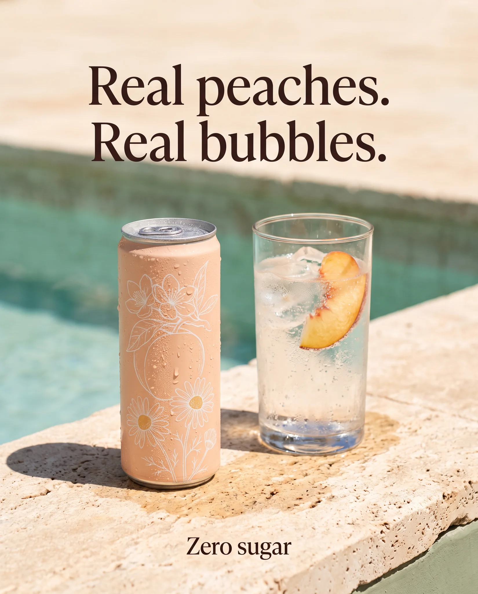 Example ad generated with terrads: Blossom can on a travertine pool edge in hard midday sun, headline “Real peaches. Real bubbles.”