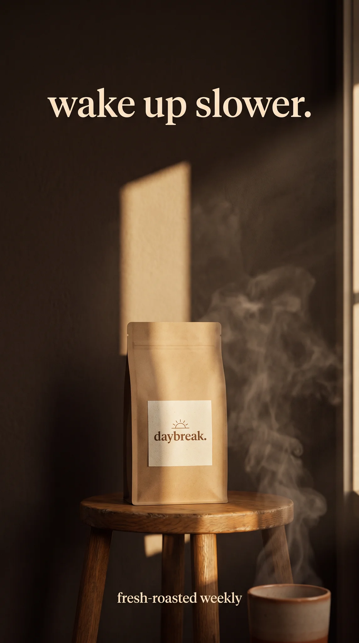 Example story ad generated with terrads: Daybreak bag on an oak stool in a single sunbeam against an espresso-brown wall, headline “wake up slower.”