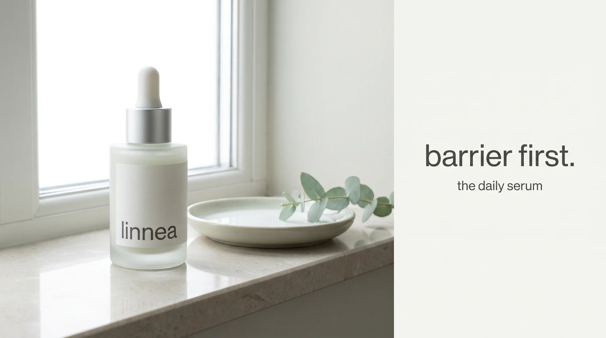 Example ad generated with terrads: Linnea frosted-glass serum bottle on a stone windowsill beside eucalyptus, headline “barrier first. — the daily serum”