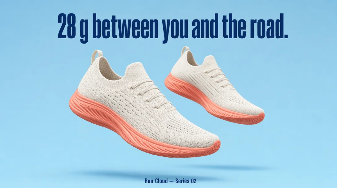 Example ad generated with terrads: a pair of Run Cloud running shoes floating mid-stride on sky blue, headline “28 g between you and the road.”